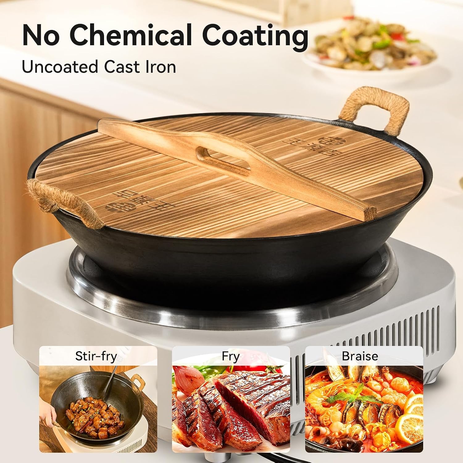 13-4-inch-cast-iron-wok-with-wooden-lid-and-iron-spatula-flat-bottom-double-handle-chinese-stir-fry-pan-uncoated-cast-iron-wok-for-induction-gas-and-electric-stoves