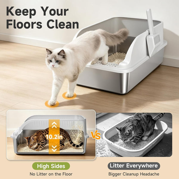 Stainless Steel Cat Litter Box with Lid, XL Metal High Sided Litter Box | Odor Free Open Top Litter Pan Easy Cleaning Anti-Urine Leakage Non-Stick Includes Scoop Light Grey6