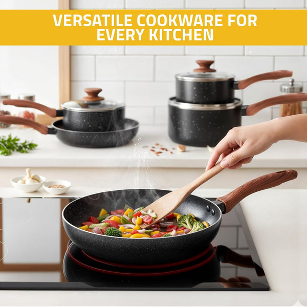 Granite Pots and Pans Cookware Set 8 Piece Pfoa-Free | 1 Qt 2 Qt 3 Qt Sauce Pan with Lids, 11 Inch 8 Inch Frying Pan, Induction Compatible, Non-Stick Coating, Durable Cookware7