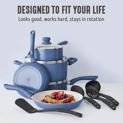 16Pc Ceramic Nonstick Pots & Pans Cookware Set, Slate Blue | Pfas-Free Nonstick Coating, Stockpot, Frying Pans, Saucepan, Sauté, Induction Ready, All Stovetop Compatible, Dishwasher Safe2