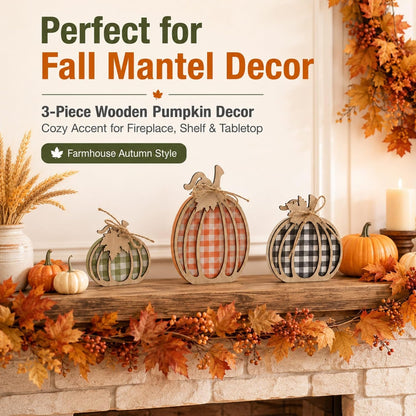 3 Pcs Pumpkin Signs, Buffalo Plaid Fall Table, Mantel Home Decor | 4.7"X9.1" Wooden Black White Checkered Pumpkin, Autumn Thanksgiving Decorations Indoor, Tabletop, Tiered Tray, Shelf, Kitchen2