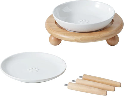 Havniva Elevated Cat Bowls, Cat Food and Water Bowl Set, Ceramic Cat Bowl | Raised Cat Food Bowls, Whisker Friendly, 5.6” Shallow Cat Dishes + 6” Wide Cat Plates, Non-Slip Wood Stand, Two Heights8