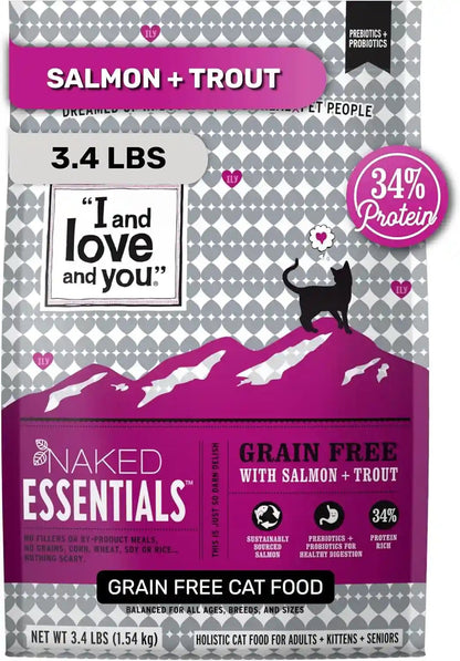 I and Love and You Naked Essentials Dry Cat Food - Salmon + Trout - Grain Free, Real Meat, No Fillers, Prebiotics + Probiotics, 3.4Lb Bag1