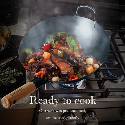 14 Inch Carbon Steel Wok with round Bottom-Free Chemical Cookware for Gas Stoves, Open Fire-Hand Hammered Chinese Traditional Wok with Bamboo Handle(No Lid Included)6