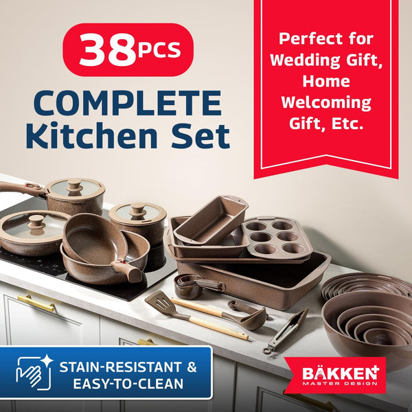 Bakken Master 38 Piece Granite Cookware and Bakeware Set – Nonstick Granite Coating, Pots and Pans with Detachable Handles and Tempered Glass Lids, 6-Piece Bakeware Set, 12-Piece Mixing Bowls,Brown5