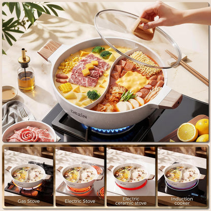 5-QT Hot Pot with Divider, Double-Flavor Shabu Shabu Pot, Divided Pot | Nonstick Granite Pot, 12"Divided Stockpot, Compatible with Induction Cooktop, Gas/Ceramic/Electric Stove, Soup Ladle Included2