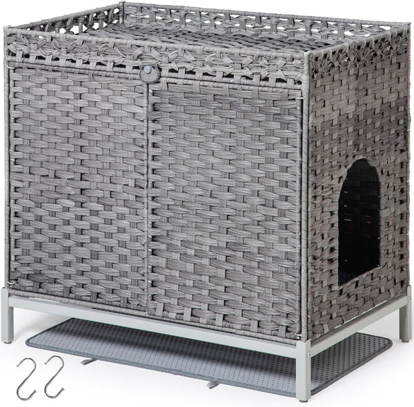 SETVSON Cat Litter Box Enclosure Furniture, Rattan PE Kitty House, Natural | Handwoven PE Rattan with 2 Soft Mats, Heightened Metal Feet, 2 S-Hooks, 30.3 X 18.3 X 28 in Spacious Interior Kitty Cabinet8