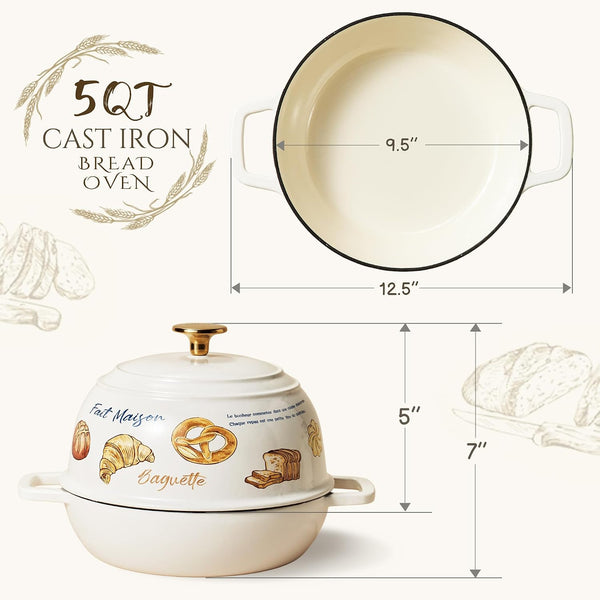 Enameled Cast Iron Dutch Oven, 5QT Pot with Lid & Gift Box | Healthy Cookware for Homemade Sourdough Bread Baking, Roasting, All Stovetop Compatible Oven Safe up to 500° F, Croissant2