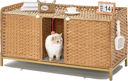 SETVSON Cat Litter Box Enclosure Furniture, Rattan PE Kitty House, Natural | Handwoven PE Rattan with 2 Soft Mats, Heightened Metal Feet, 2 S-Hooks, 30.3 X 18.3 X 28 in Spacious Interior Kitty Cabinet11