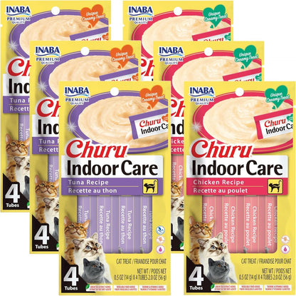INABA Churu for Cats, Functional, Creamy Lickable Purée Cat Treat for Indoor Care and Hairball Control, 0.5 Ounces Each, 24 Tubes (4 per Pack), 2 Flavor Tuna and Chicken Variety Pack1
