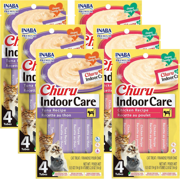 INABA Churu for Cats, Functional, Creamy Lickable Purée Cat Treat for Indoor Care and Hairball Control, 0.5 Ounces Each, 24 Tubes (4 per Pack), 2 Flavor Tuna and Chicken Variety Pack1