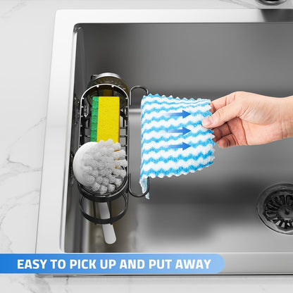 Kitchen Sink Caddy Sponge Holder in the Sink, Stainless Steel Kitchen Sink Organizer, Brush Holder, Dish Cloth Hanger, Sink Stopper Holder (Suction Cup-Black)3