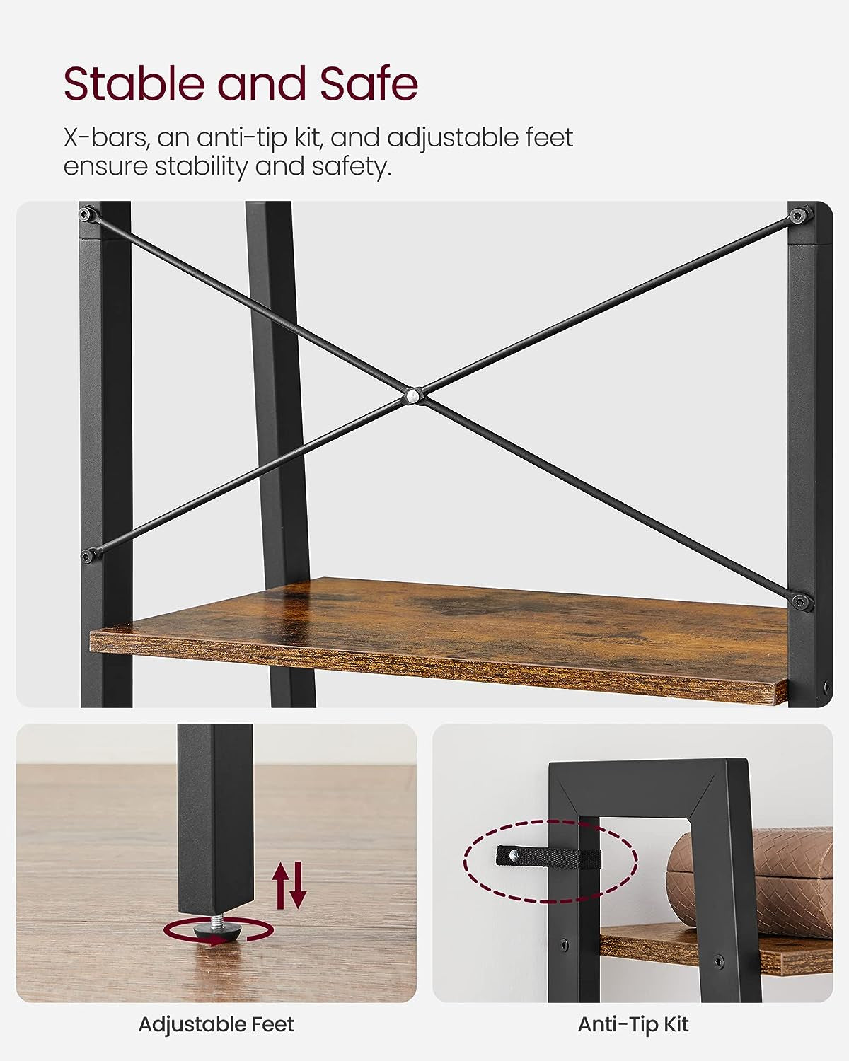 vasagle-ladder-shelf-4-tier-bookshelf-storage-rack-steel-frame-bookcase-living-room-home-office-kitchen-bedroom-rustic-brown-and-matte-black-barnet-collection-ulls44x