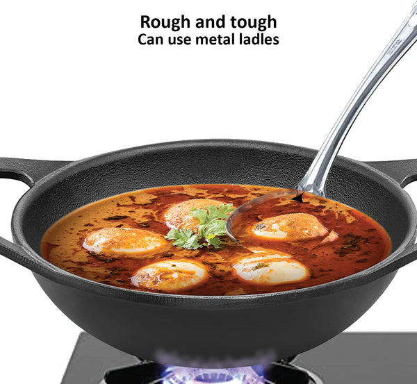 Futura 2 Litre Cast Iron Kadhai, Naturally Nonstick Cast Iron Kadai with Glass Lid, Cast Iron Cookware for Kitchen, Black (CIK20G)4