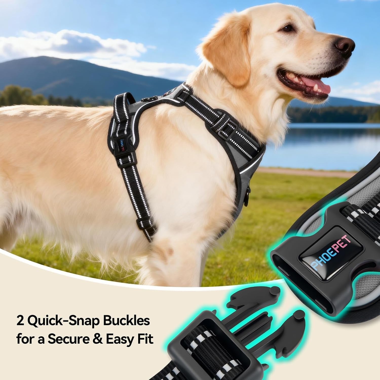 phoepet-no-pull-dog-harness-medium-reflective-front-clip-vest-with-handle-adjustable-2-metal-rings-2-bucklesm-grey
