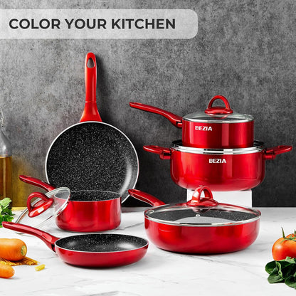 Pots and Pans Set Non Stick, Induction Cookware Set 10-Piece, Red | Stay-Cool Bakelite Handles, Pfoa-Free Nonstick Healthy Cooking Set with Frying Pans, Saucepans & Stockpot, for All Stovetops8