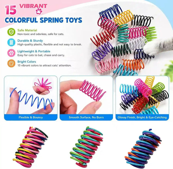 15 Pack Cat Spring Toys, 15 Colors Colorful Interactive Coil Springs for Kittens, Durable Plastic Spiral Springs for Indoor Cats, Ideal for Swatting Biting Hunting & Exercise3