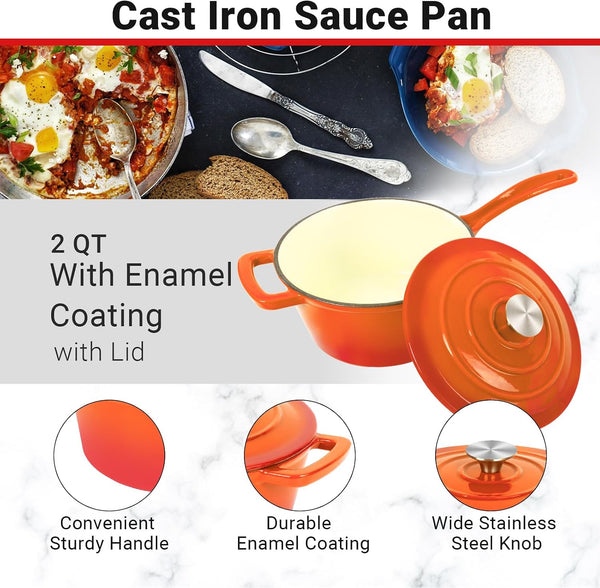 Enameled Cast Iron Sauce Pan, 2 Quarts round Sauce Pot with Lid, Mini Dutch Oven Enamel Saucepan for Cooking Pasta Sauce, Marinate, Cook, Refrigerate and Serve, Flame Orange2