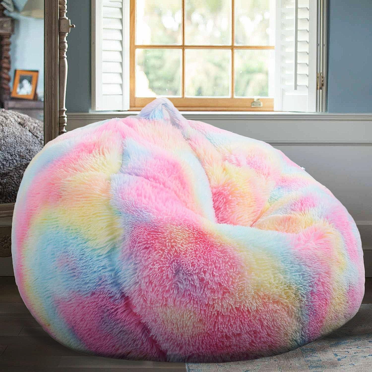 fluffy-bean-bag-chair-for-kids-2-5ft-round-memory-foam-filled-bean-bag-for-teens-kids-ultra-soft-faux-fur-fabric-bean-bag-chairs-for-playroom-living-room-bedroom-rainbow