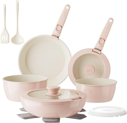 Pans and Pots Set Nonstick, Ceramic Cookware Set with Detachable Handles 16Pcs, Induction Dishwasher Oven Safe Kitchen Cooking Set, PFAS PFOA & PTFE Free, Pink1
