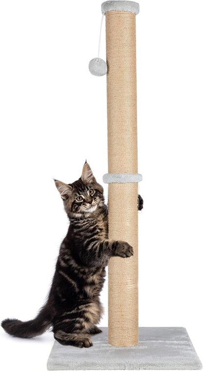 Fluffydream 37'' Cat Scratching Post, Natural Sisal Rope Scratcher with Dangling Teaser Ball and Covered with Soft Plush for Kittens and Adult Cats, Sand Color1