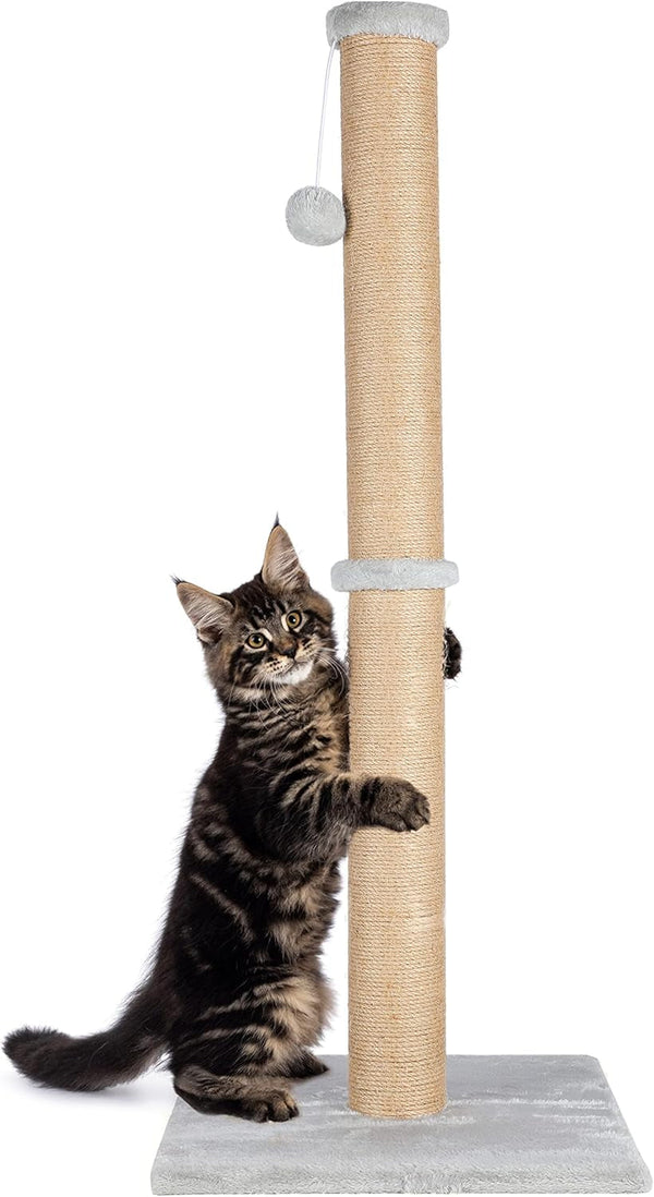 Fluffydream 37'' Cat Scratching Post, Natural Sisal Rope Scratcher with Dangling Teaser Ball and Covered with Soft Plush for Kittens and Adult Cats, Sand Color1