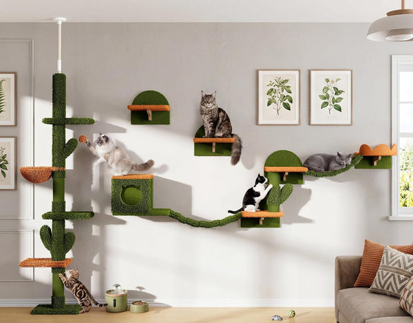 9-In-1 Cat Wall Shelves, Cat Wall Furniture Set with Bridge, Beige | Wall Mounted Cats Shelf for Space-Saving, Multi-Level Cat Climbing Systems for 16 Inch Drywall, with Scratching Posts, Condos21
