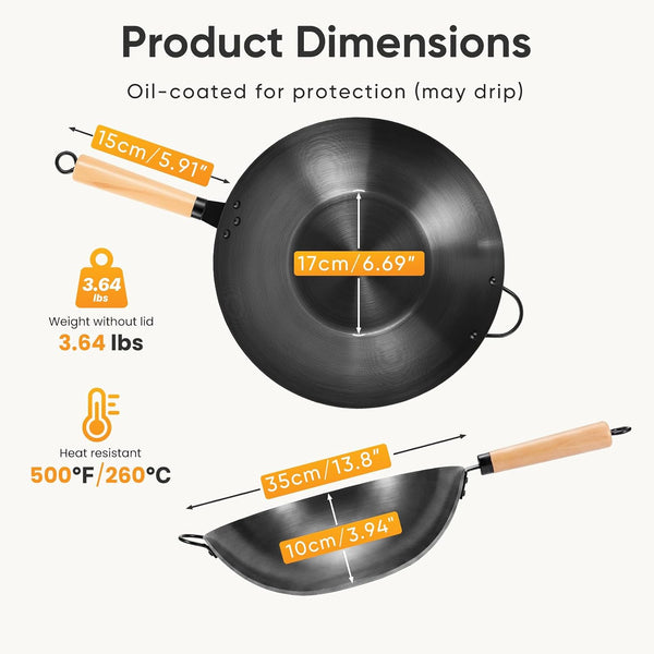 13.5" Carbon Steel Wok Pan, Pre-Seasoned Flat Bottom Wok for Stir Fry, BBQ, Grill & Camping, Compatible with Induction, Electric, Gas and Open Fire, Black3
