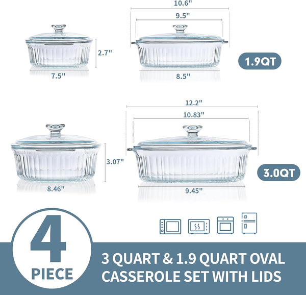 4-Piece Glass Casserole Baking Dish, Set of 2 Casseroles with Glass Lids, 1.9 Qt and 3 Qt | Baking Pans for Lasagna, Casserole Dishes with Handles, Glass Bakeware Set, Microwave, Oven, Freezer, Dishwasher, BPA Free2