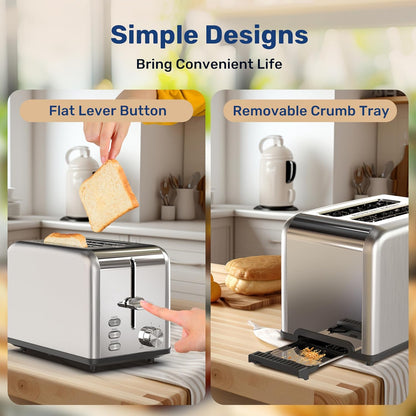 Stainless Steel Toaster 2 Slice with Extra Wide Slot & Removable Crumb Tray, 6 Shade Settings and Bagel/Defrost/Cancel Functions, Compact Oven, for Various Bread & Waffle, Silver New4