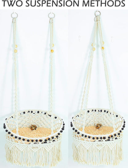 KARCEEY Macrame Cat Hammock - Hanging Cat Bed for Wall & Window - Boho Swing with Full Hardware Kit & Nip Toy - Stable Heavy Duty Design for Large & Senior Felines up to 60Lbs3