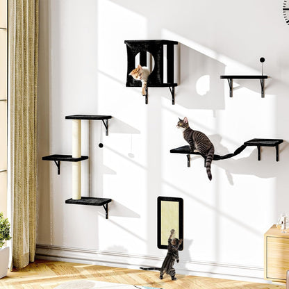 NUNU LAB Wall Mounted Cat Furniture Set - 6 Pcs Climber Set with House, Bridge, Steps, Scratcher Board - DIY Walls Playground, Indoor Cat Shelves - Gray24