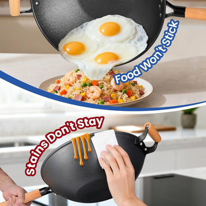 13'' Nonstick Wok, Cast Iron Wok with Lid, Wok Pan & Stir-Fry Pans | Chinese Woks Pan with Lid4