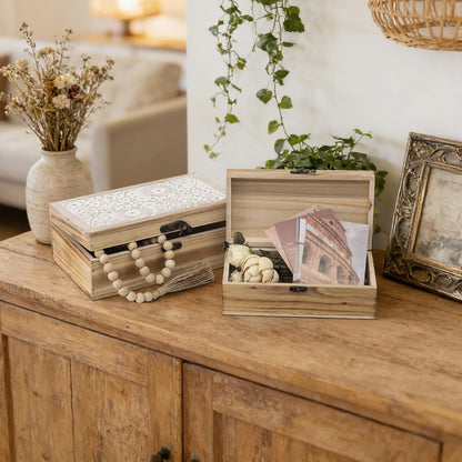 Rustic Farmhouse Wood Decorative Boxes, Set of 2 Keepsake Box Wooden Box with Hinged Lid and Floral Carved Design, Decorative Boxes for Home Decor (Brown)4