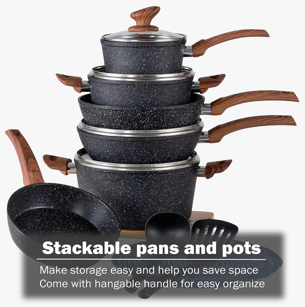 Pots and Pans Set Non Stick, 12Pcs Induction Cookware | Nonstick Kitchen Cookware Set, Black Granite Cooking Pans, PFOS & PFOA Free, Easy Food Release, Fast & Even Heating6