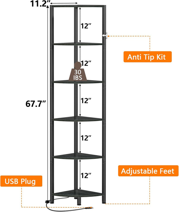6 Tier Corner Shelf with LED Light, 67.5" Black Narrow Bookshelf | Tall Standing Shelf Organizer, Storage Rack for Wall Corner, Living Room, Bedroom, Metal Frame, Wood Display Shelf2