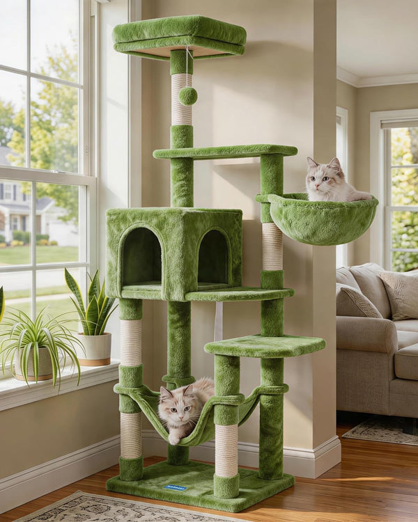 Hey-Brother Cat Tree with Large Hammock, Multi-Level Cat Tower for Indoor Cats, Cat Condo with Sisal-Covered Scratching Posts and Top Perch, Light Gray MPJ050W10