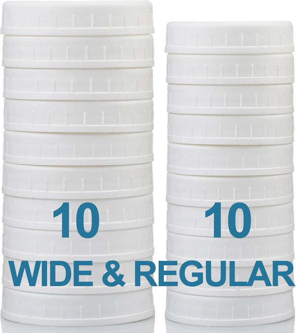 10 WIDE Mouth & 10 REGULAR Mouth Mason Jar Lids - 20 Pack Food Grade Plastic Mason Jar Caps for Ball, Kerr and More Canning Jars - Leakproof & Dishwasher Safe - White1
