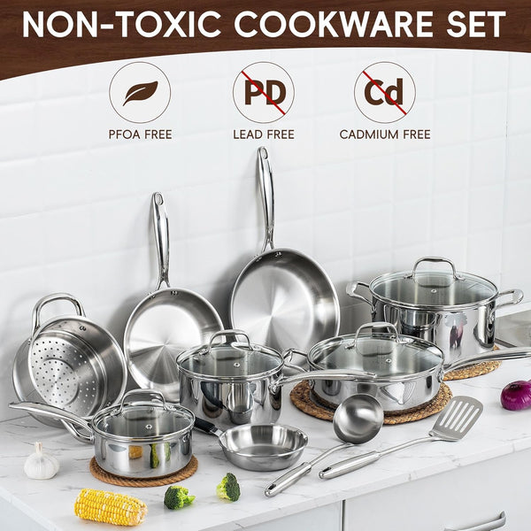 Tri Ply Stainless Steel Cookware Set, 16-Piece Pots and Pans Set with Kitchen Utensils and Steamer, Non-Toxic, Multiclad, Induction Oven Compatible, Dishwasher Safe4