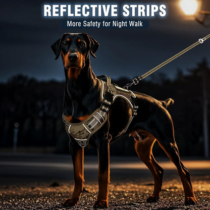 Tactical Dog Harness and Leash Set with 10 Patches for Large Dogs | Heavy Duty No Pull Service Animal Dog Vest with Dog Seat Belt ,Adjustable Reflective Easy Walk for Training Hiking Camo L7