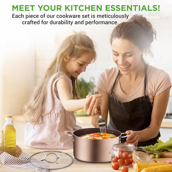 14-Piece Non Stick Kitchen Cookware Set W/Saucepan, Frying Pans, Cooking Pots, Dutch Oven Pot, Lids, Utensil, Gold7