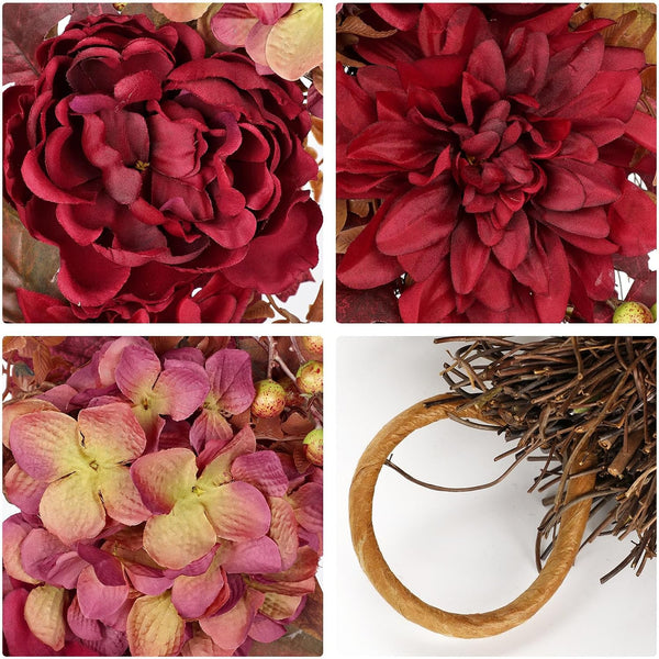 24" Fall Swag Fall Swags for Front Door Decorating Teardrop Swag with Red Hydrangea Peonies Dahlia Handmade Fake Autumn Wreath Outdoor Indoor Halloween Farmhouse Harvest Decorations for Home3
