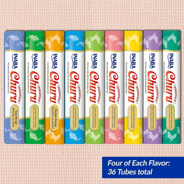 INABA Churu Cat Treats, Grain-Free, Lickable, Squeezable Creamy Purée Cat Treat/Topper with Vitamin E & Taurine, 0.5 Ounces Each Tube, 36 Tubes (4 per Pack), 9 Flavor Variety3