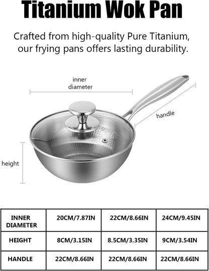 Pure Titanium Wok, Titanium Pans for Cooking, PFAS/PFOA/PTFE Free Cookware,With Lid,8.66In | Multifunctional Ultra-Durable Scratch-Resistant Non Stick Even Heating, Dishwasher&Oven Safe, Kitchen Induction Compatible8