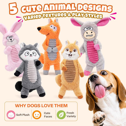 Durable No Stuffing Dog Squeaky Toys Dogs Love These! | Crinkle & Squeakers Keep Dogs Busy, 5 Pack Plush Animal Toys for Small Medium Large Dogs5