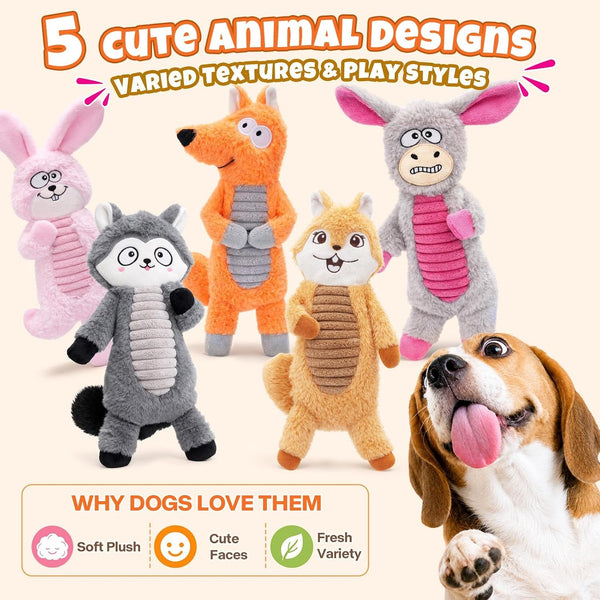 Durable No Stuffing Dog Squeaky Toys Dogs Love These! | Crinkle & Squeakers Keep Dogs Busy, 5 Pack Plush Animal Toys for Small Medium Large Dogs5