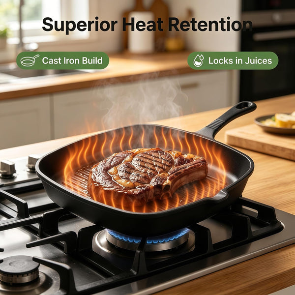 Cast Iron Grill Pan 9.5" Square Griddle Skillet with Pour Spout Oven Safe4