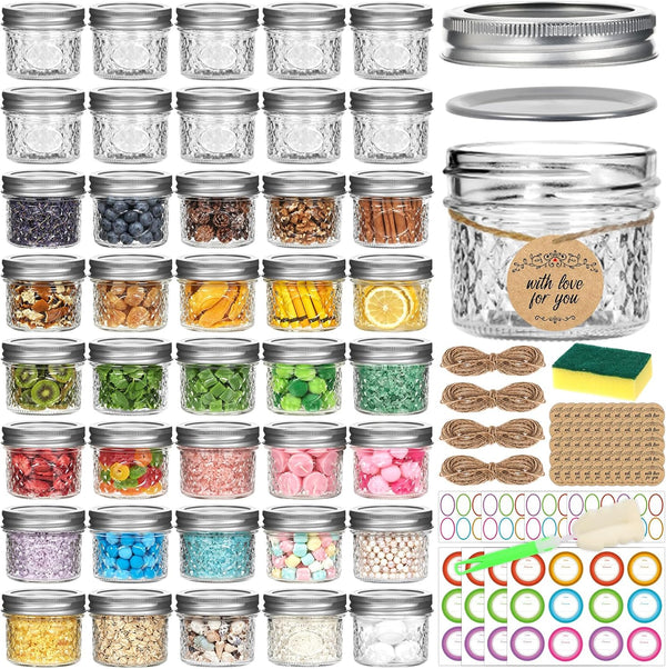 4Oz Glass Mason Jars with Airtight Lids, Mini Canning Jars 40 Pack | Includes Stickers, Tags & Twines, for Jams, Honey, Spices, Dried Snacks, DIY Crafts, Wedding Favors1