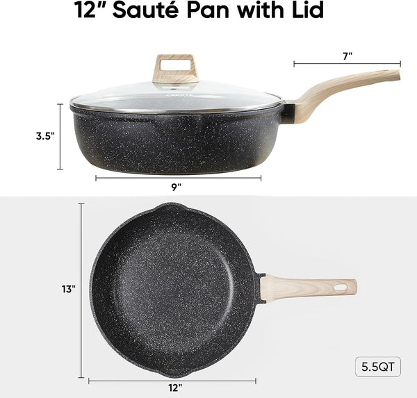 12 Inch Nonstick Deep Frying Pan with Lid, 5.5 Qt Black Granite | Kitchen Non-Toxic PFOA Free Cookware, Covered Sauté Pans All Stovetops Compatible, Easy to Clean2