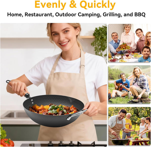 Carbon Steel Wok with Lid, 12.6" Hammered Stir Fry Pan with Helper Handle & Iron Spatula, Thickened Heavy Duty Flat Bottom Wok for Induction, Electric & Gas Stoves, Metal Utensil Safe8